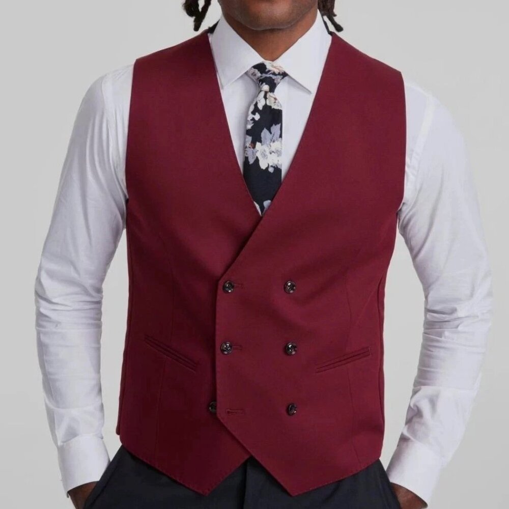 TAYION Mens Classic fit Double Breasted Suit Vest‎ Size Large Red E091448